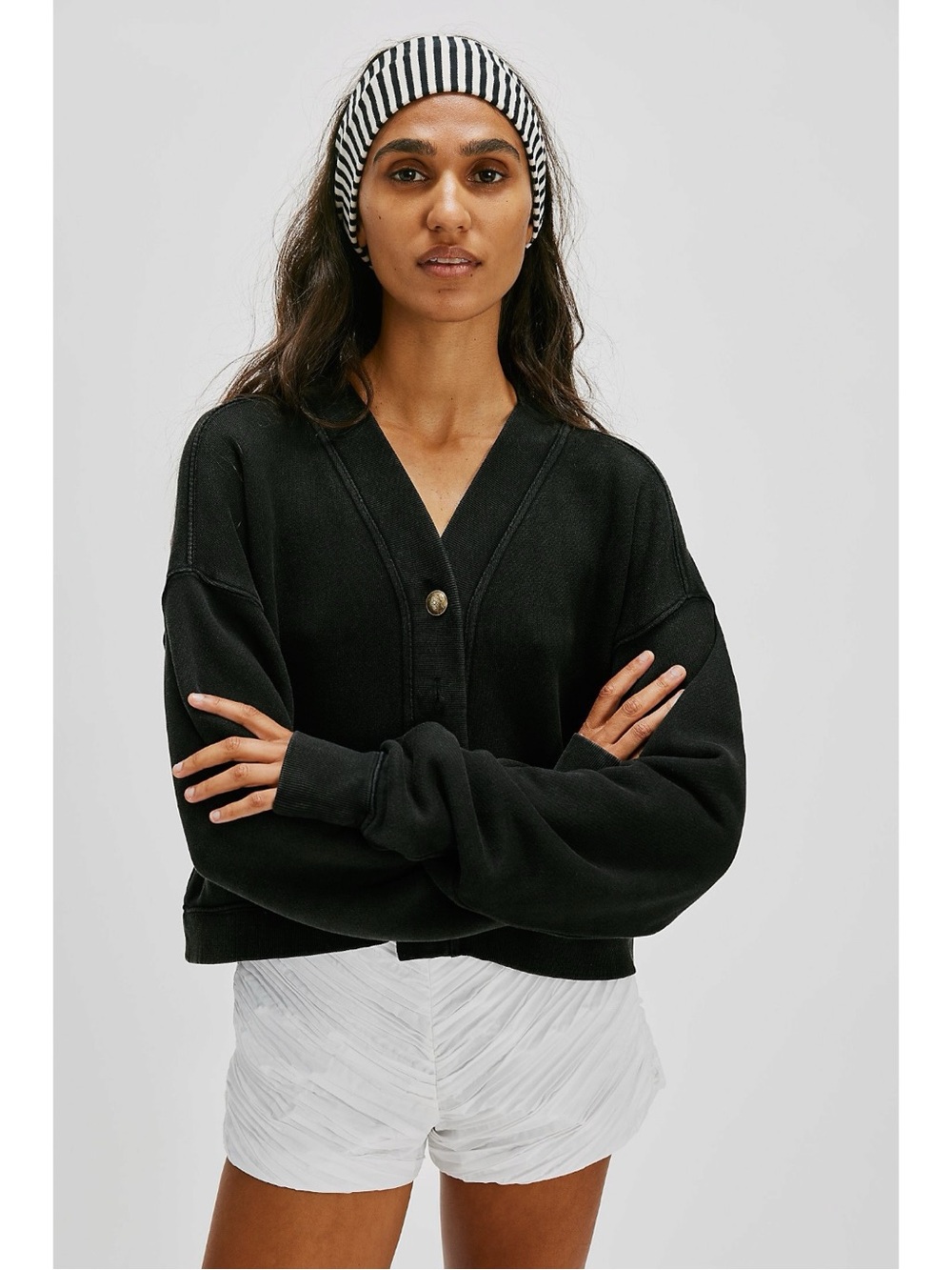 Free People Grace Cardi in Black Large  NWT Cardigan Sweatshirt Sweater Preppy - Picture 4 of 12